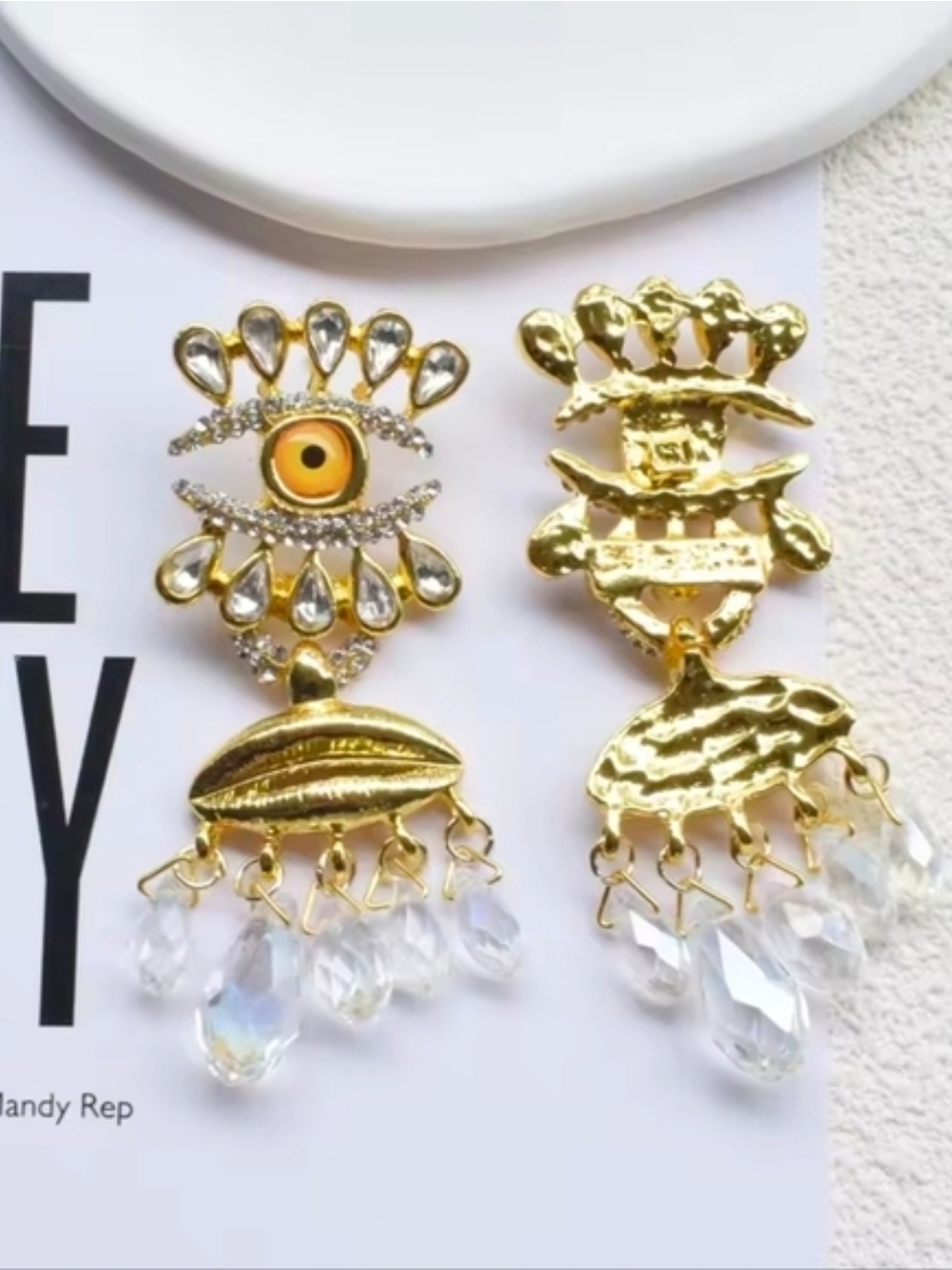 Gold Eye-and-Lip Dangle Earrings with Crystal Drops - Picture 2 of 3